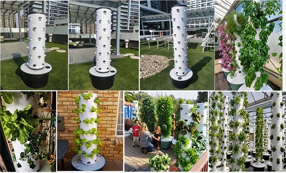 Vertical hydroponic tower with lettuce growing on the stacked column
