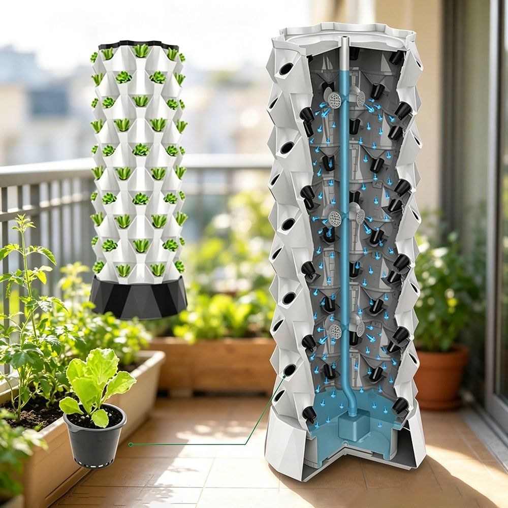 Vertical hydroponic tower with plants growing from the ports at every level