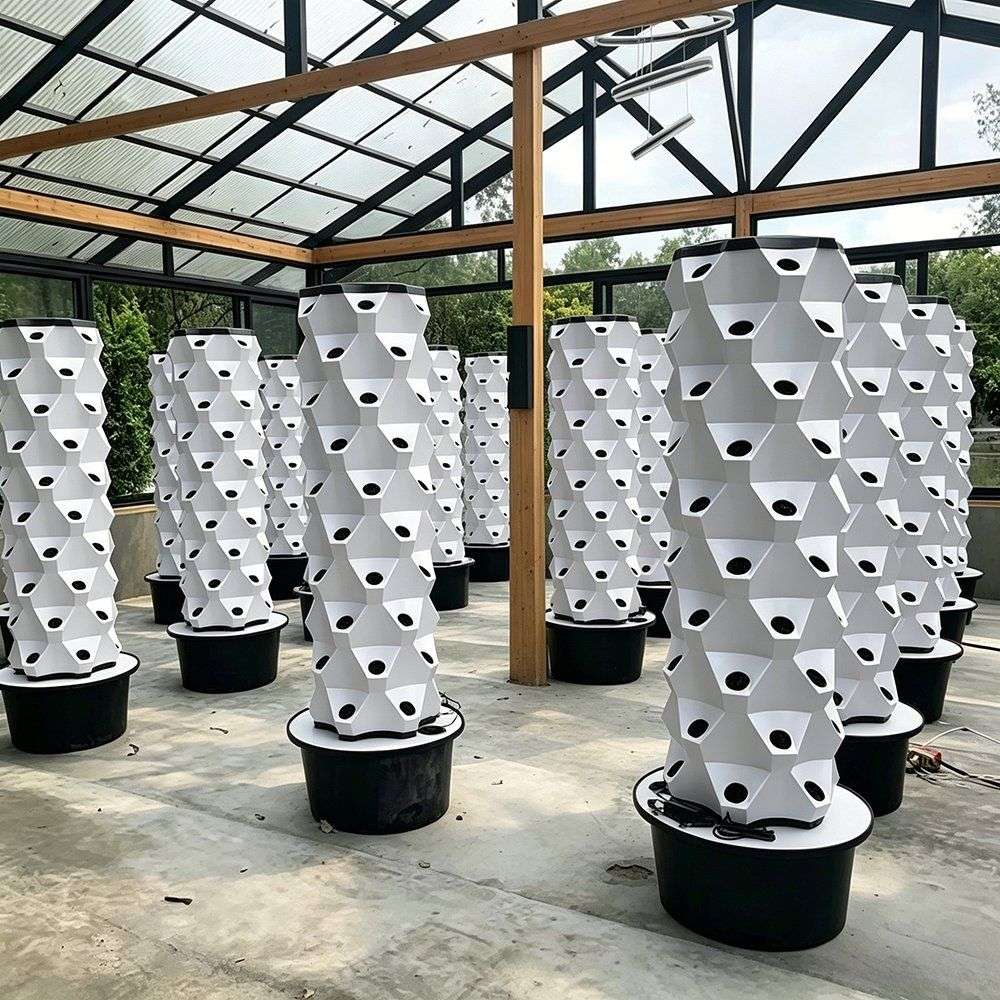 Rows of white vertical hydroponic towers erected inside a greenhouse