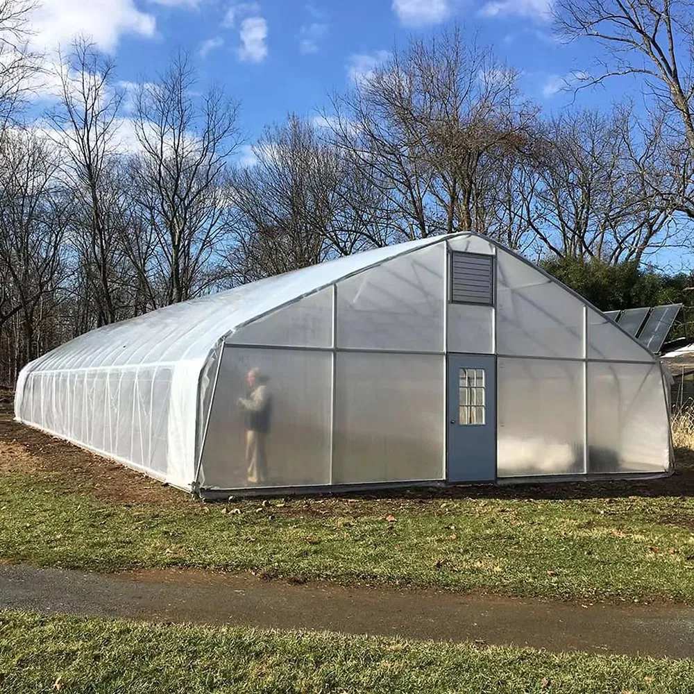 Film tunnel greenhouse with a blue door standing at the edge of a field