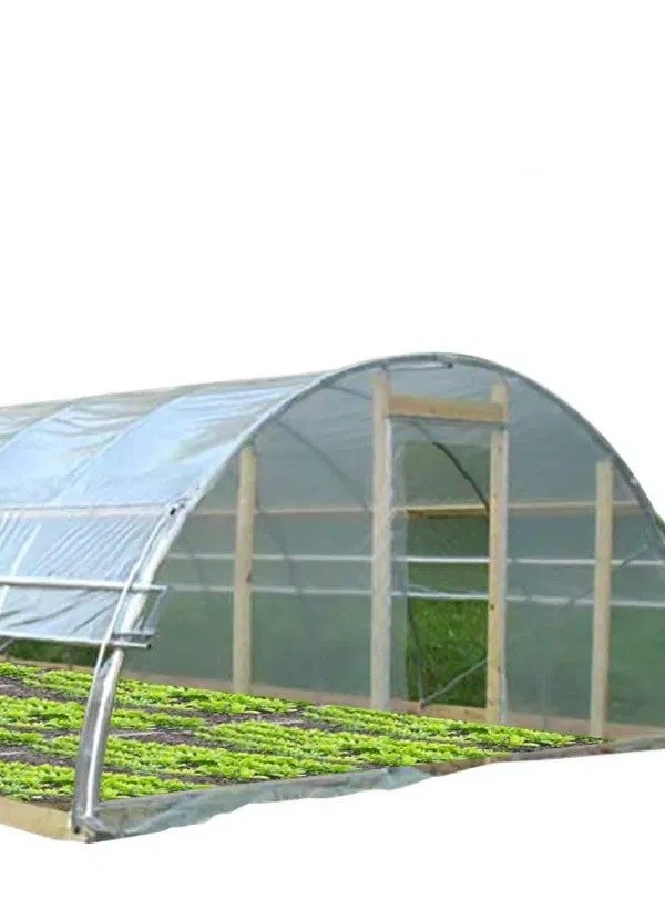 Interior of a tunnel with crop rows and the arch frame overhead