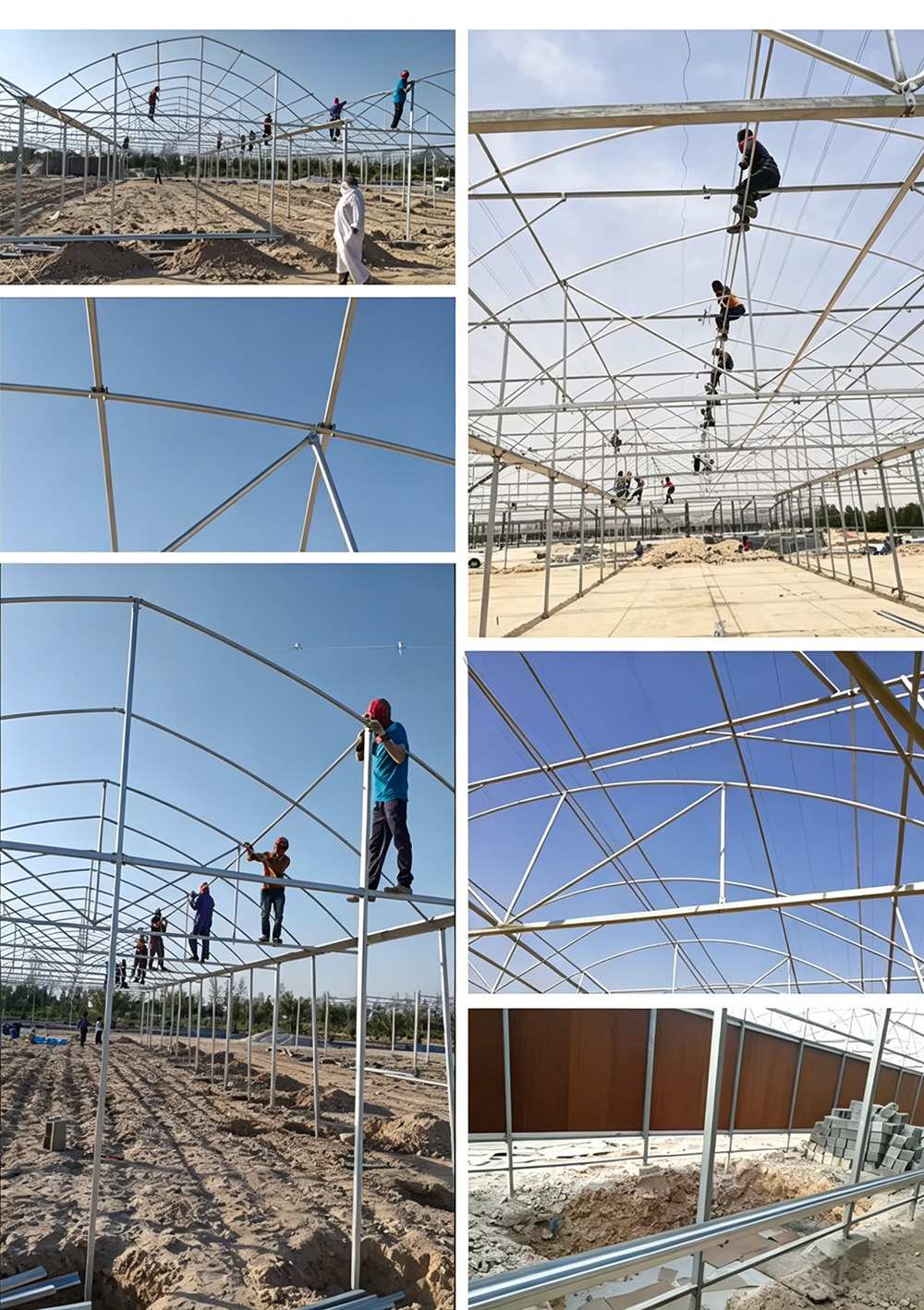 Workers assembling galvanized frame sections on a greenhouse site