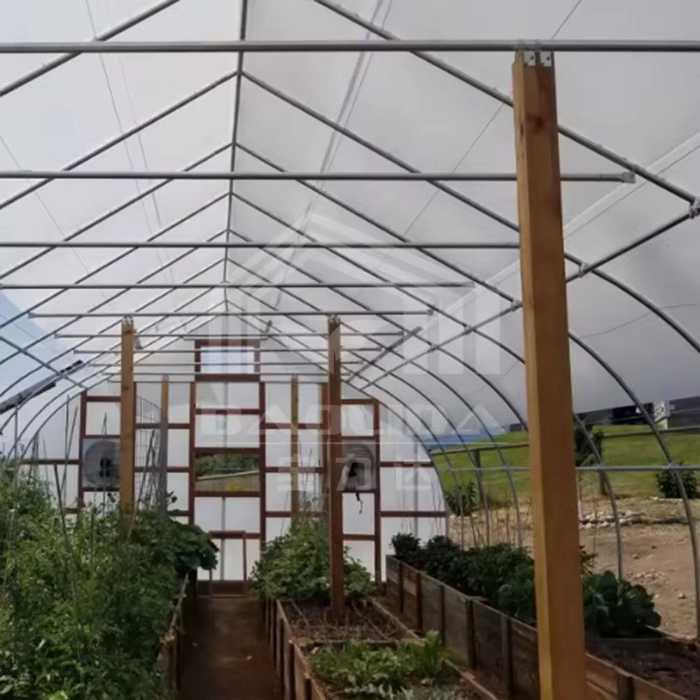 Gothic tunnel greenhouse standing on a grass field under open sky