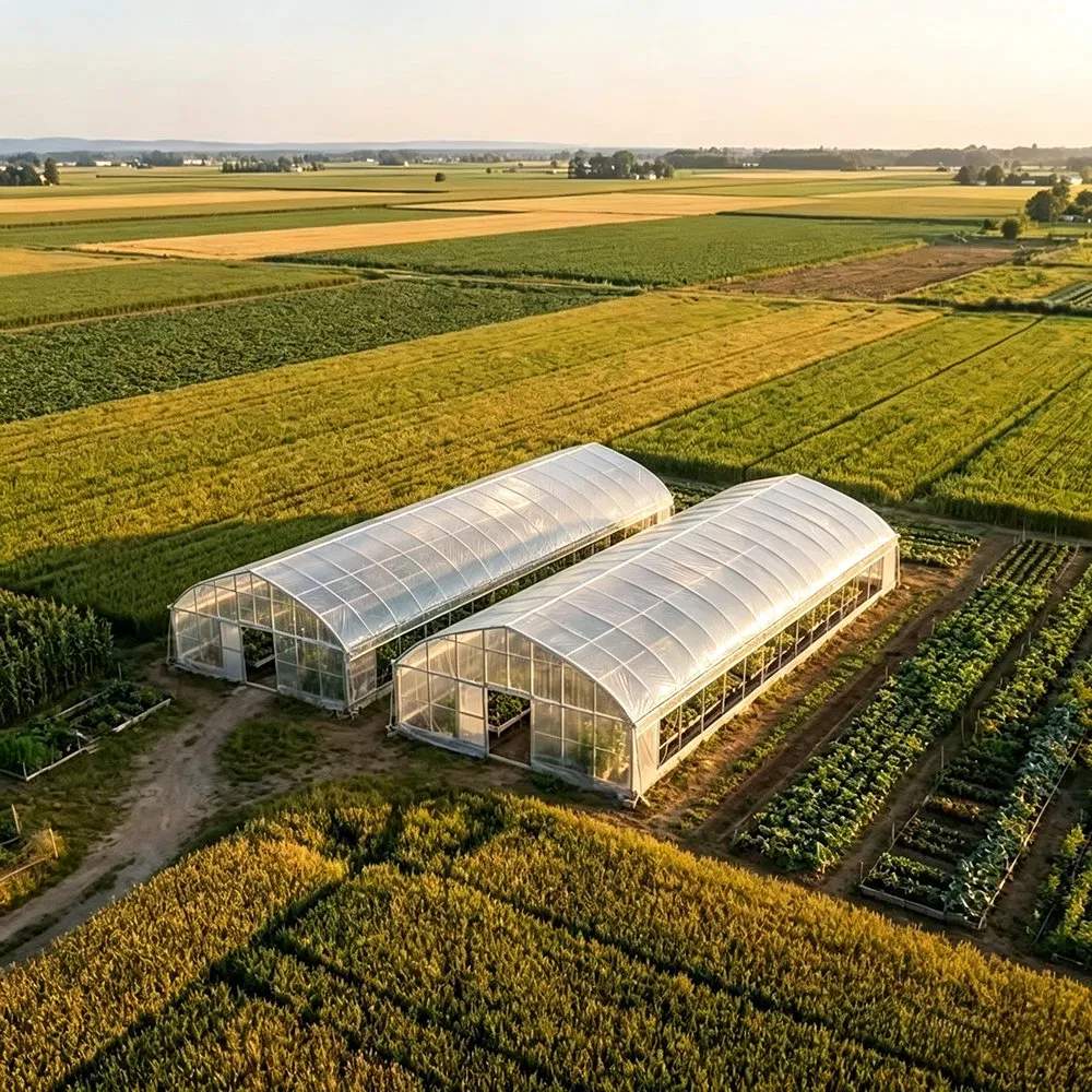 Two hoop house greenhouses set in farmland at low sun