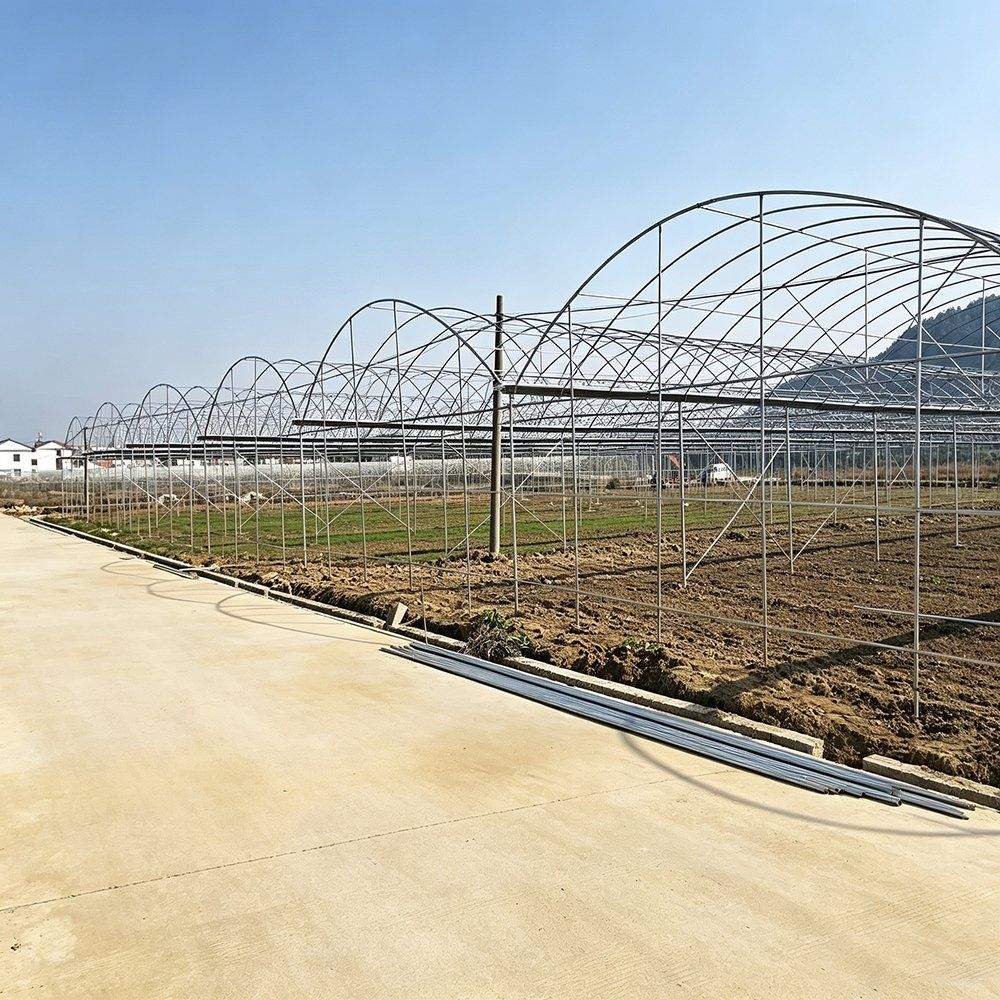 Tunnel greenhouse arches and concrete base rail on a prepared site