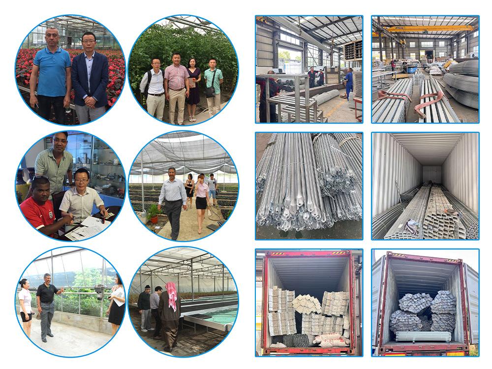 Galvanized steel greenhouse frame parts prepared in the workshop