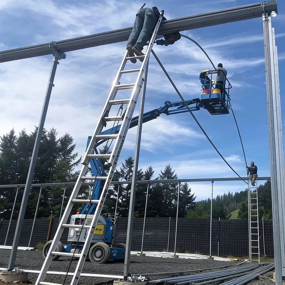 Workers installing the frame of a greenhouse from a lift platform
