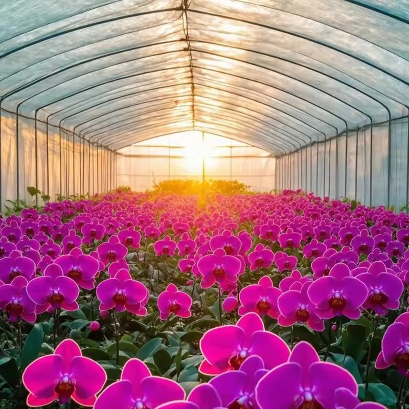 Flowering pot plants inside a film tunnel greenhouse lit by low sun