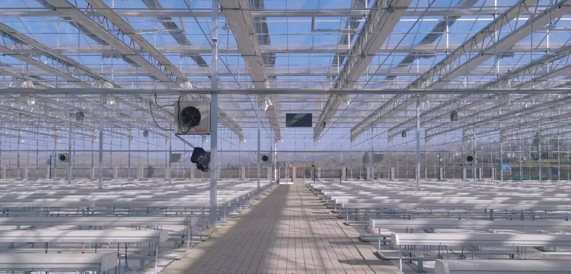 Empty tempered glass greenhouse with a clean floor ready for benches