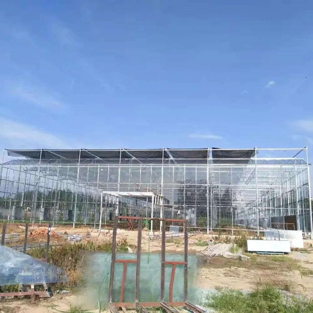 Polycarbonate greenhouse under construction seen from outside the site