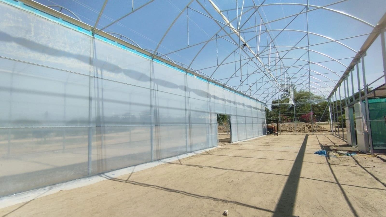 Empty bays inside a multi span high tunnel before planting