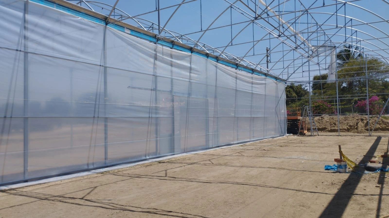 Interior wall and frame detail of a multi span film greenhouse